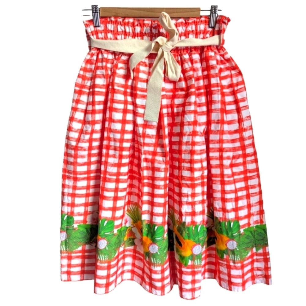 MOTEL Red Gingham & Tropical Fruits Dainty Cotron Skirt Size Small NWT